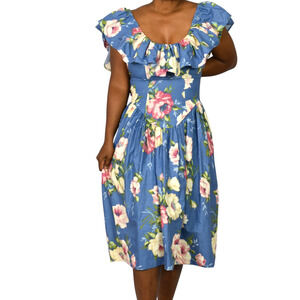 Vintage SG Gilbert Floral Midi Dress Blue Cotton Ruffle Shoulder 80s Yoked XS 2